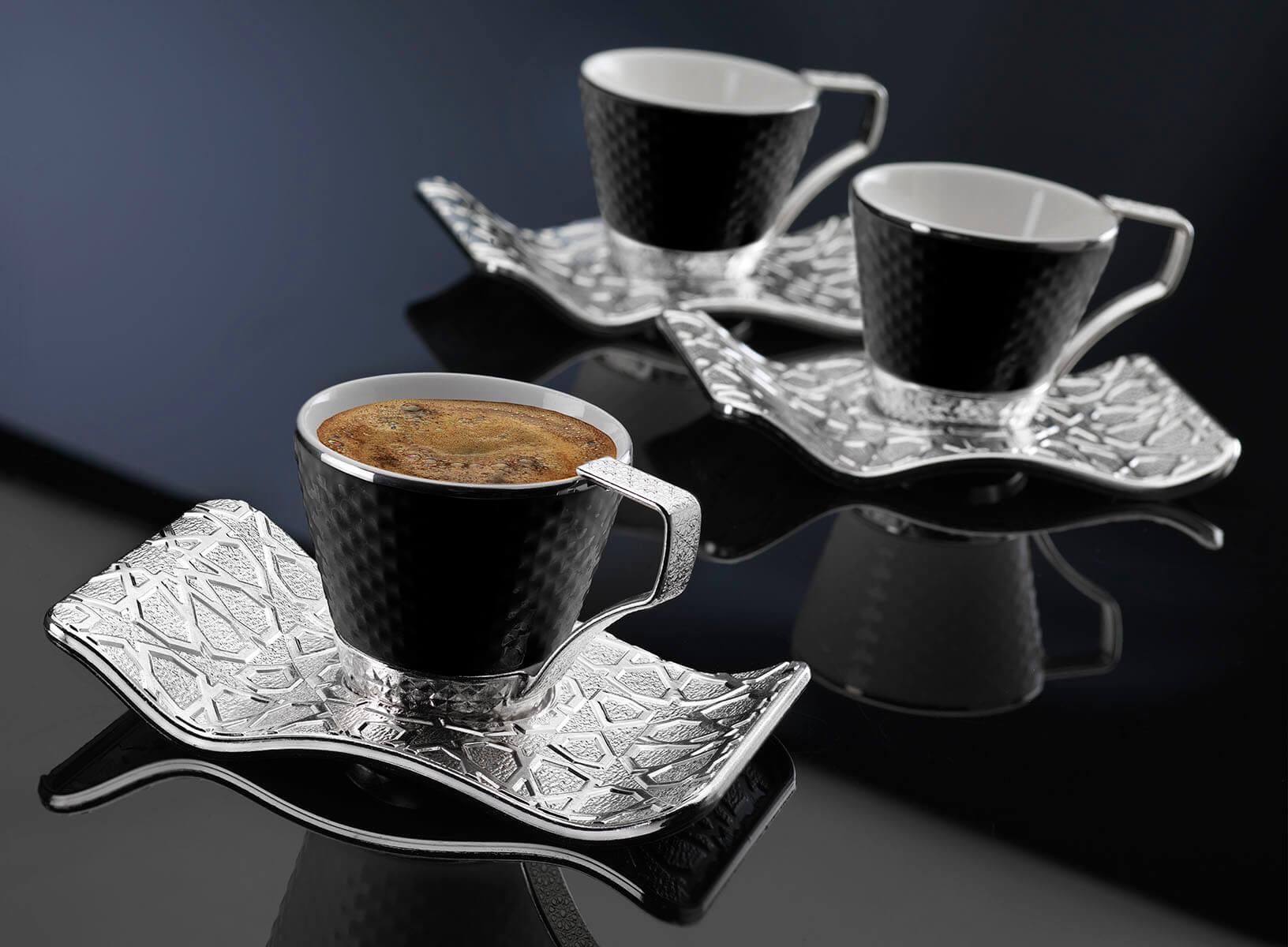 Busem Selçuklu Tırtıklı Siyah Kahve Seti-Gümüş Teknobutik.com'da
