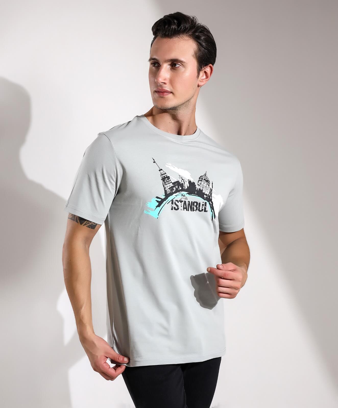 İstanbul KızKulesi Galata Silüeti Oval Baskılı Regular Kalıp T-shirt Teknobutik.com'da