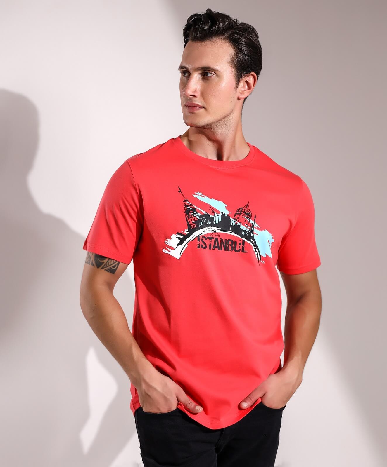 İstanbul KızKulesi Galata Silüeti Oval Baskılı Regular Kalıp T-shirt Teknobutik.com'da