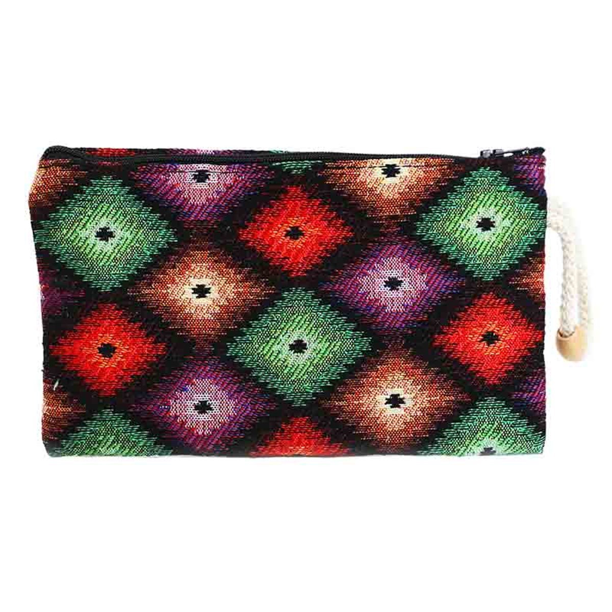 Ekoseli Kilim Desenli Goblen Dokuma İpli Boncuklu Cüzdan