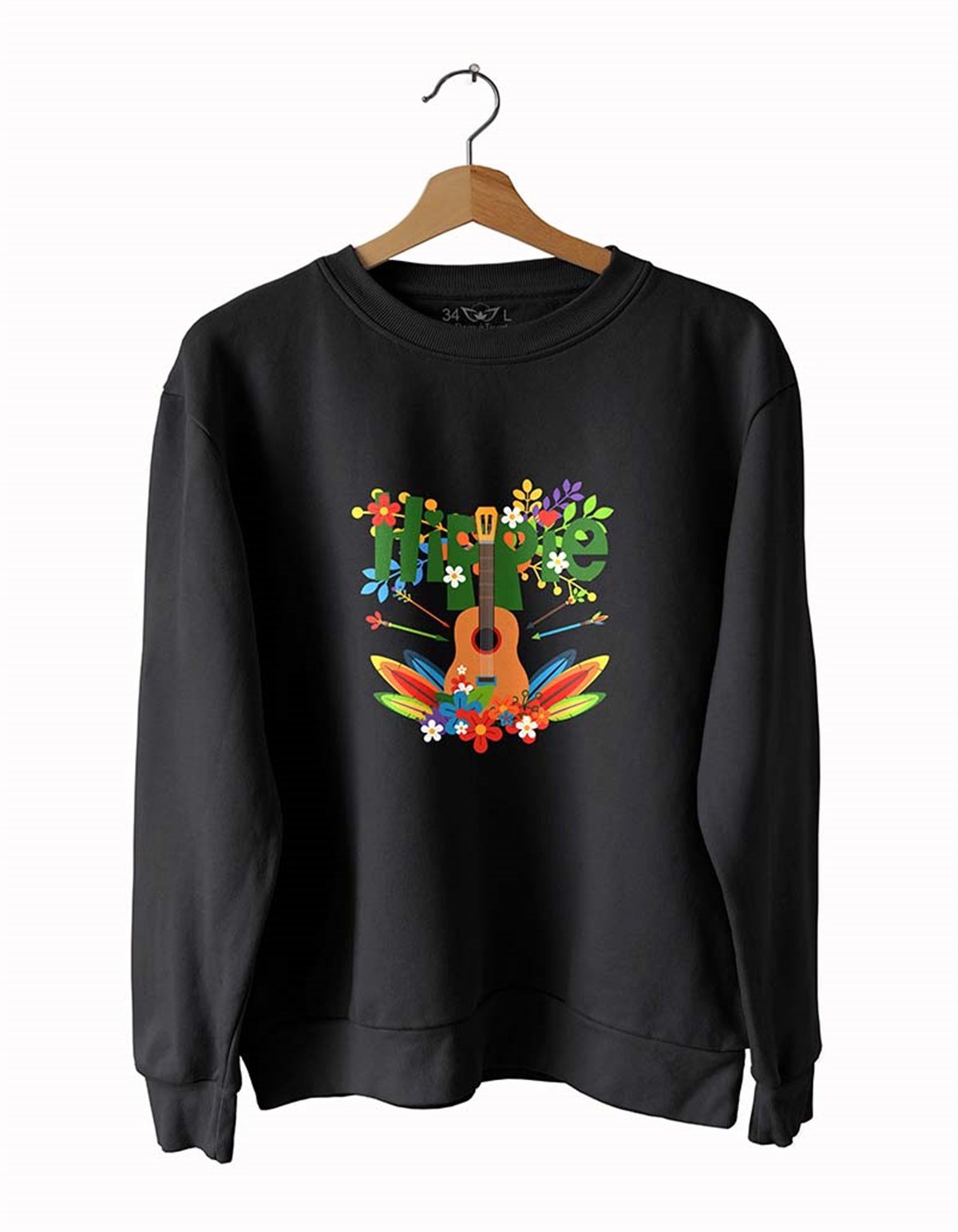 Hippie  Baskılı Slim Fit Siyah - Beyaz Sweatshirt