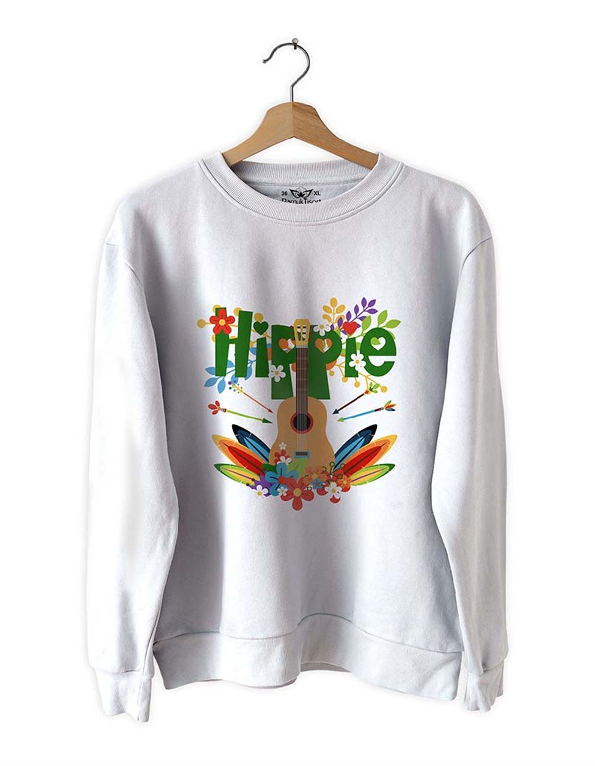 Hippie  Baskılı Slim Fit Siyah - Beyaz Sweatshirt