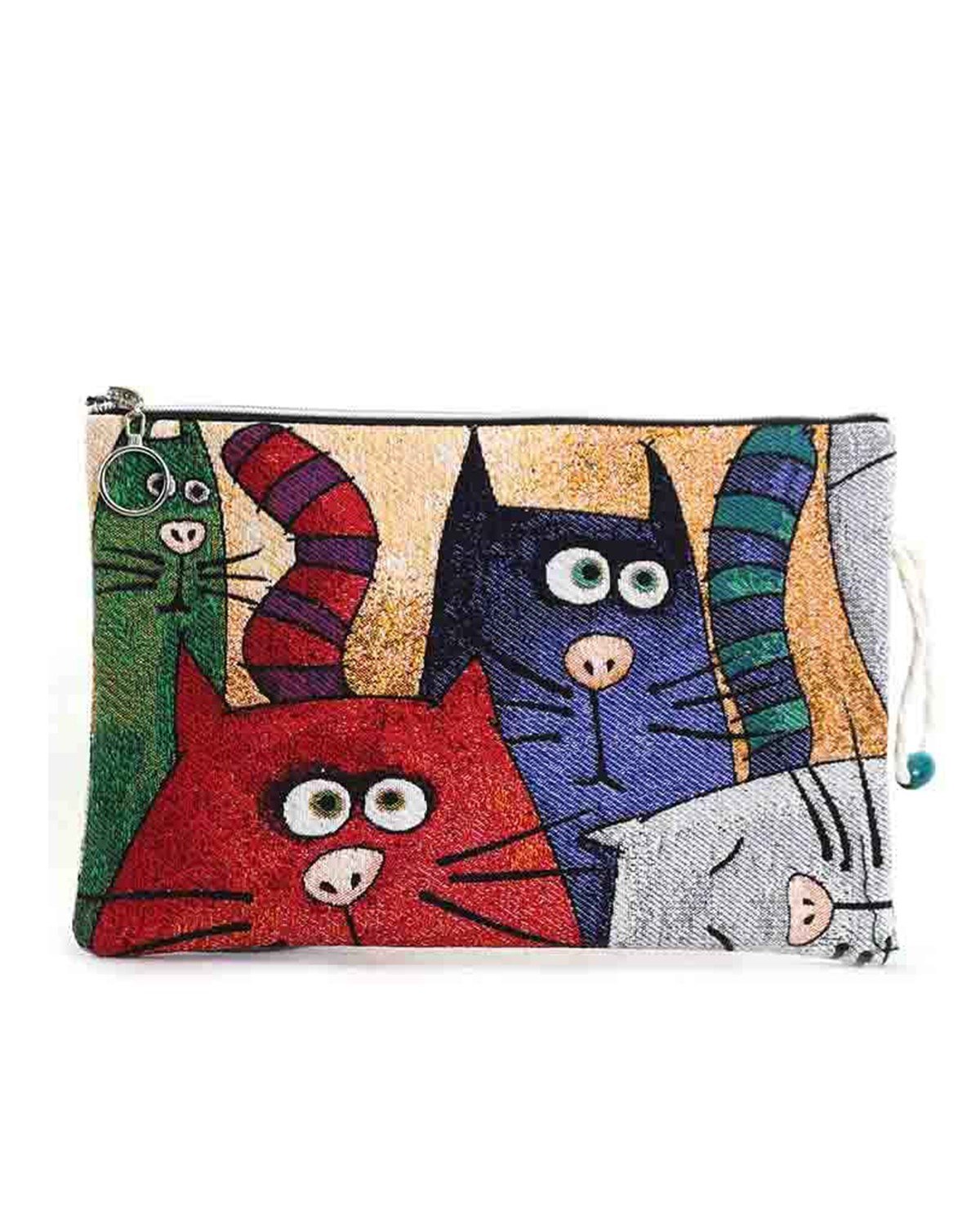 Kedi Desenli Goblen Dokuma Makyaj Çantası (Clutch)