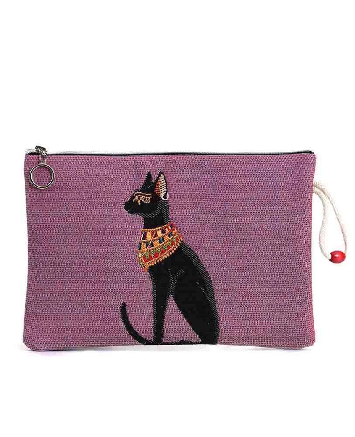Kedi Desenli Goblen Dokuma Makyaj Çantası (Clutch)