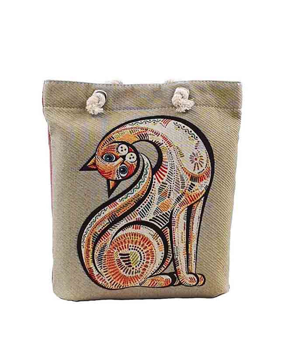 Kedi Desenli Mandala Goblen Dokuma Heybe Çanta