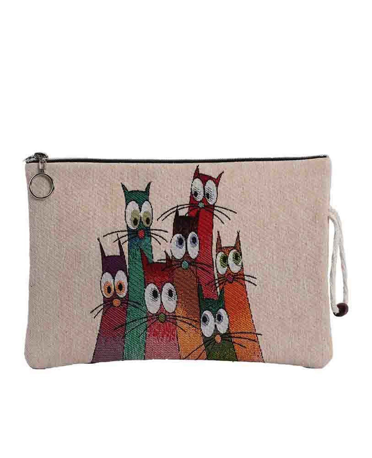 Kediler Desenli Goblen Dokuma Makyaj Çantası (Clutch)