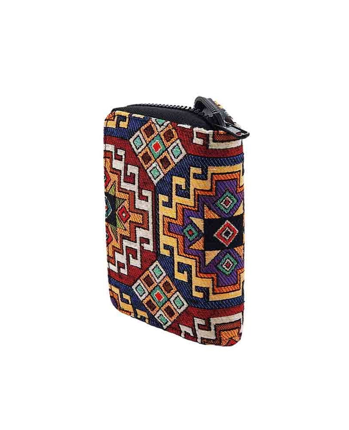 Kilim Desenli Goblen Dokuma Suni Deri Çok Fonksiyonlu Fermuarlı Cüzdan