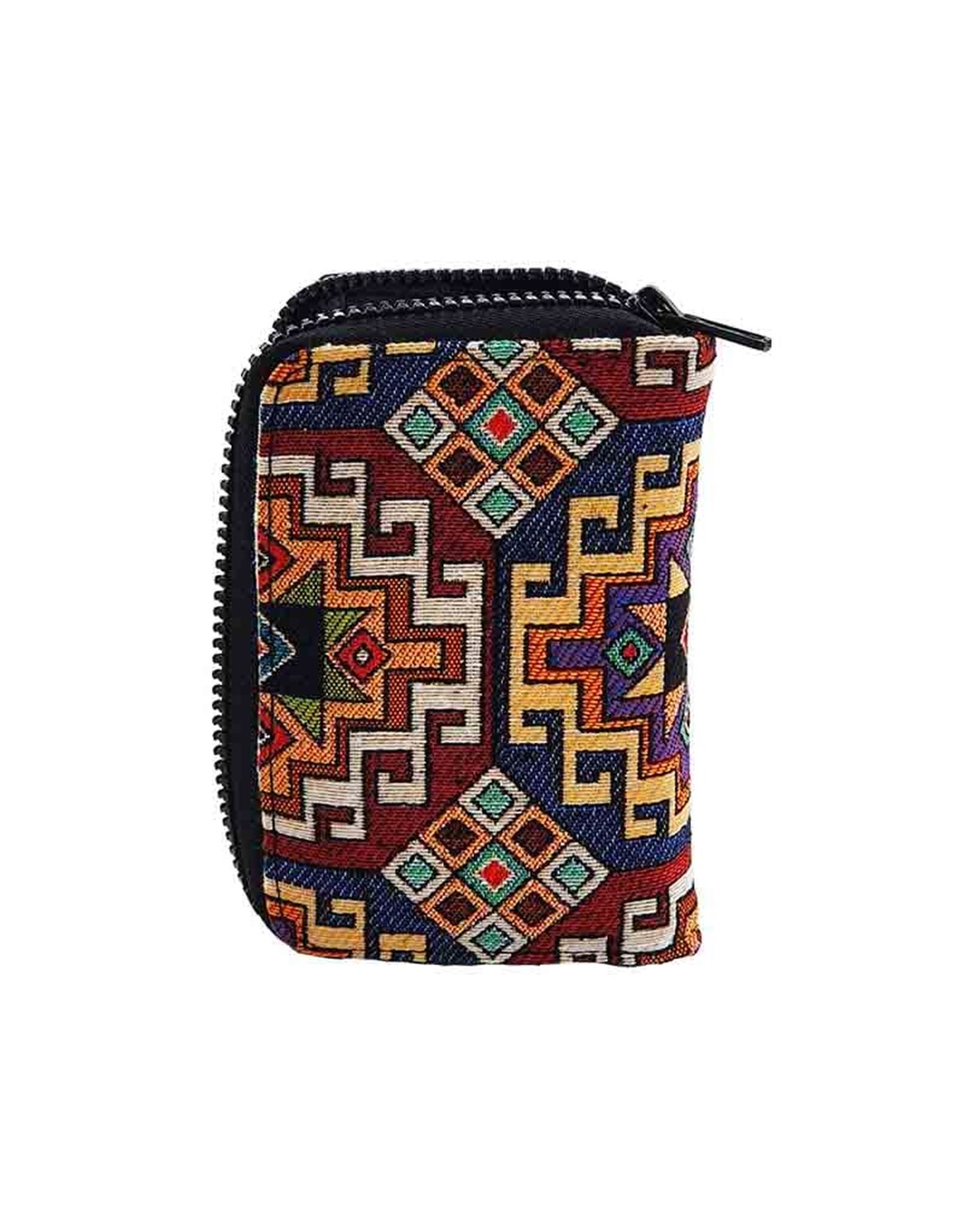 Kilim Desenli Goblen Dokuma Suni Deri Çok Fonksiyonlu Fermuarlı Cüzdan