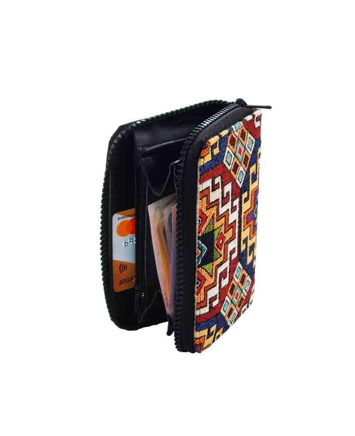 Kilim Desenli Goblen Dokuma Suni Deri Çok Fonksiyonlu Fermuarlı Cüzdan