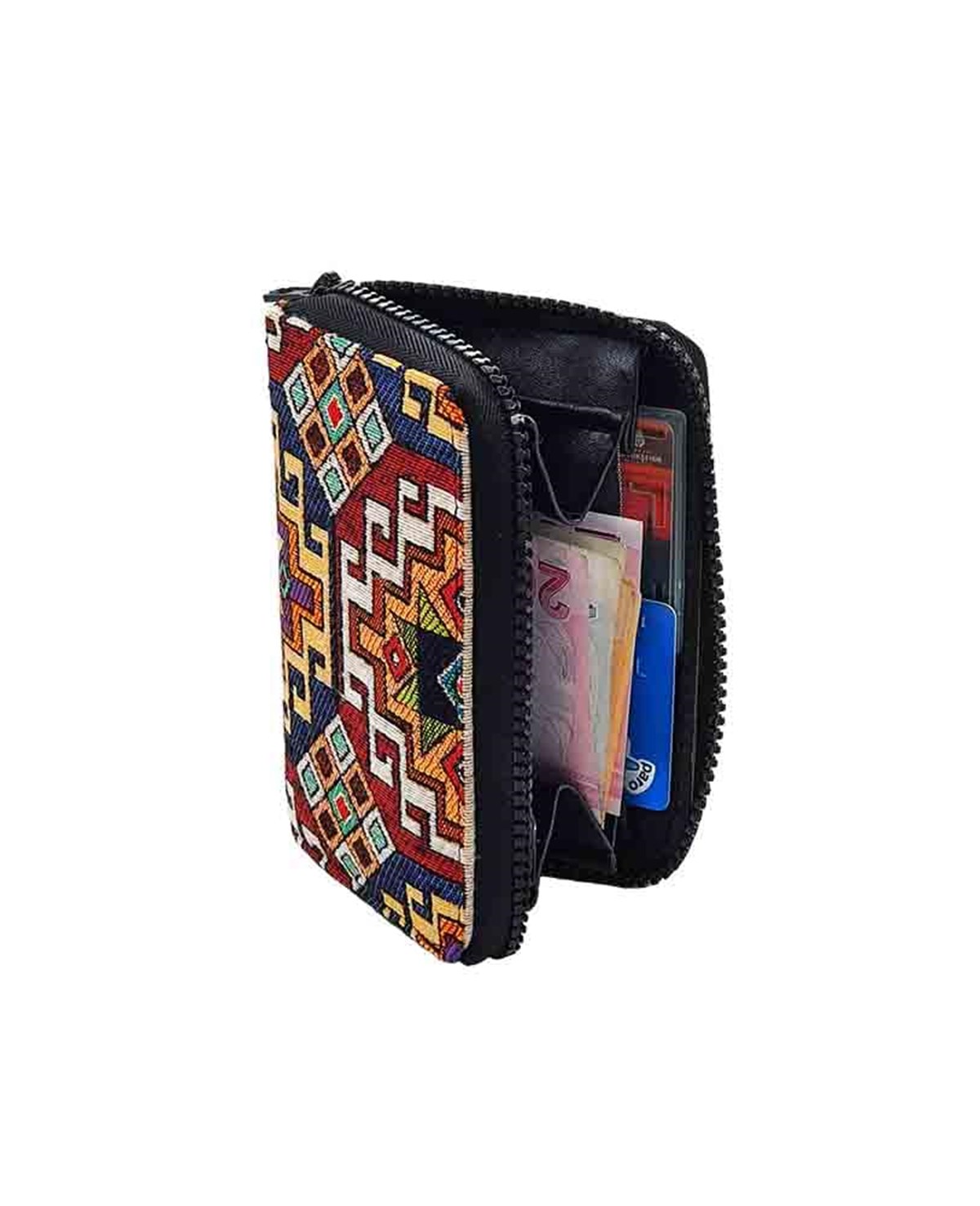 Kilim Desenli Goblen Dokuma Suni Deri Çok Fonksiyonlu Fermuarlı Cüzdan