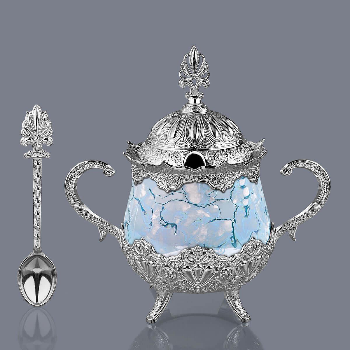 Mavi Desenli Porselenli Yuvarlak Şekerlik-Nikel Teknobutik.com'da