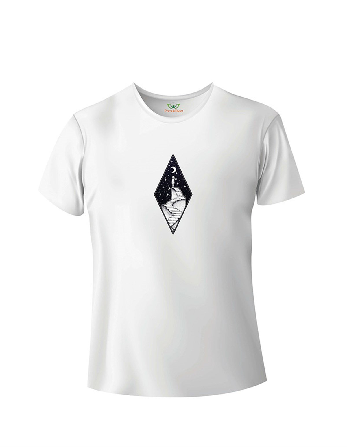 Merdivendeki Kız Baskılı Regular Beyaz Bisiklet Yaka T-shirt