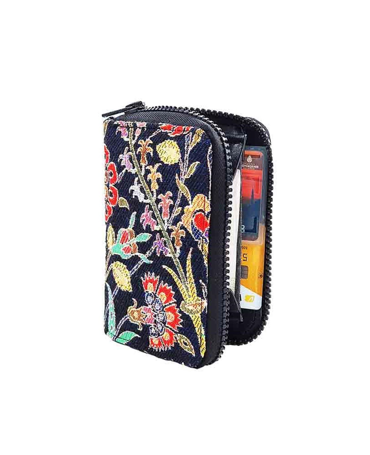Siyah  ve Renkli Çiçek Desenli Çok Fonksiyonlu El Cüzdanı