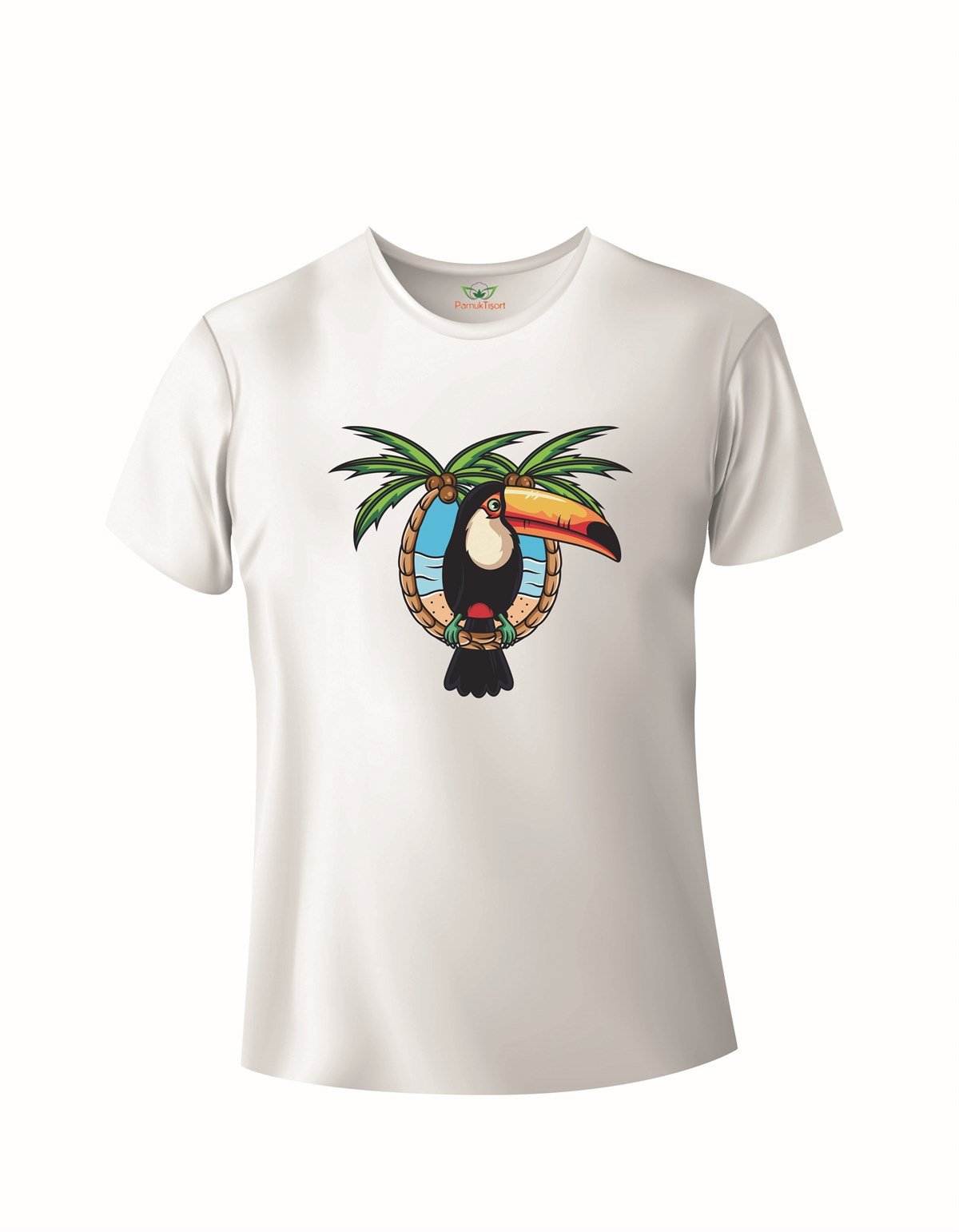 Tukan Baskılı Regular Beyaz Bisiklet Yaka T-shirt