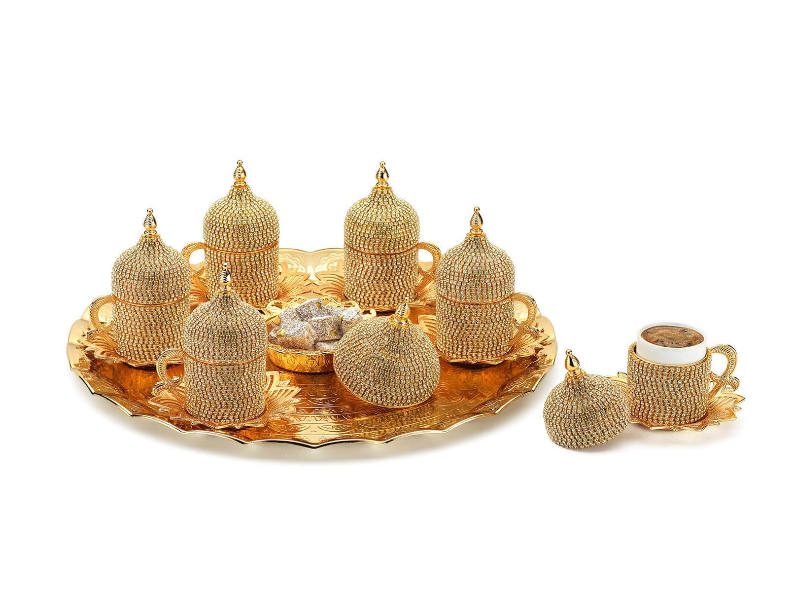 Yuvarlak Tepsili İnce İnci Taşlı 6'lı Kahve Takımı 27 Parça-Altın Teknobutik.com'da