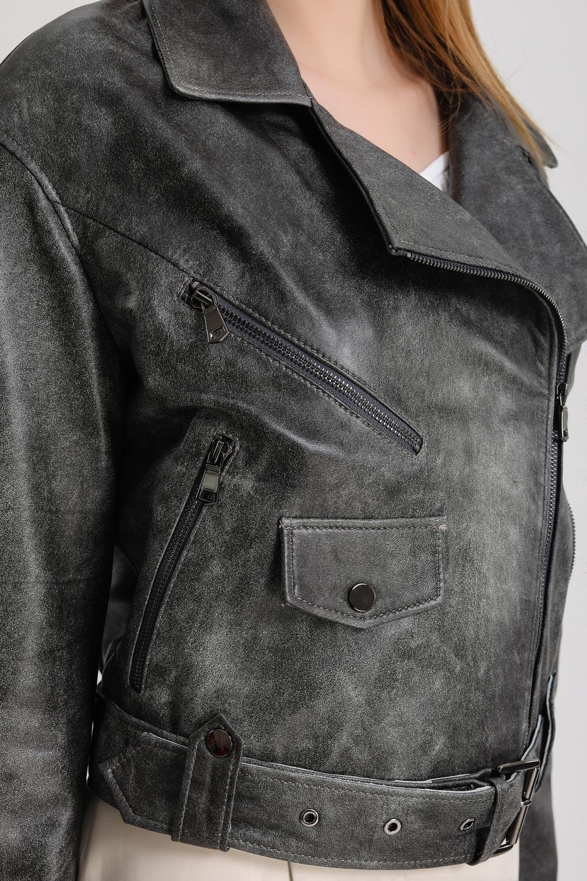 Antrasit Gri Oversize Biker Deri CeketCeket