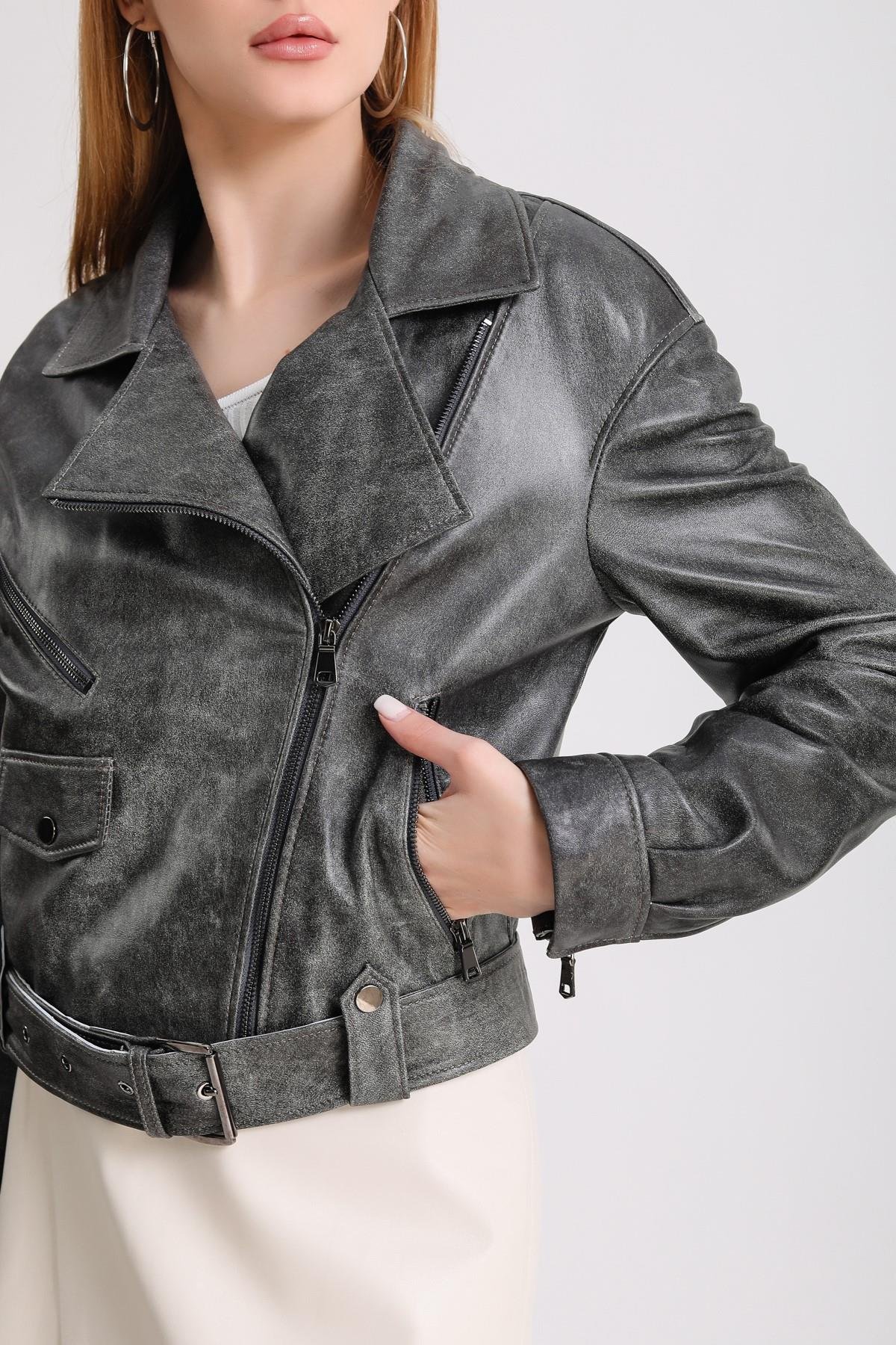 Antrasit Gri Oversize Biker Deri CeketCeket