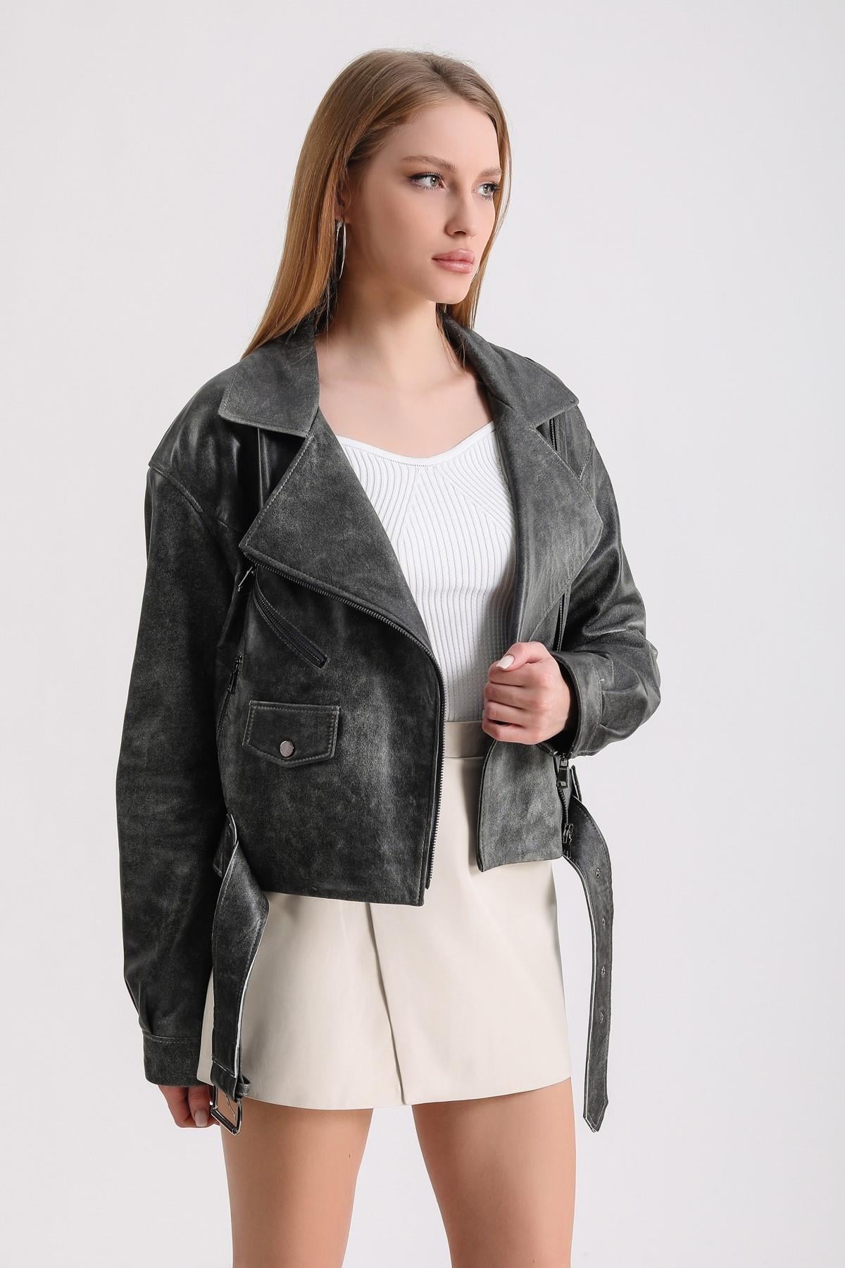 Antrasit Gri Oversize Biker Deri CeketCeket