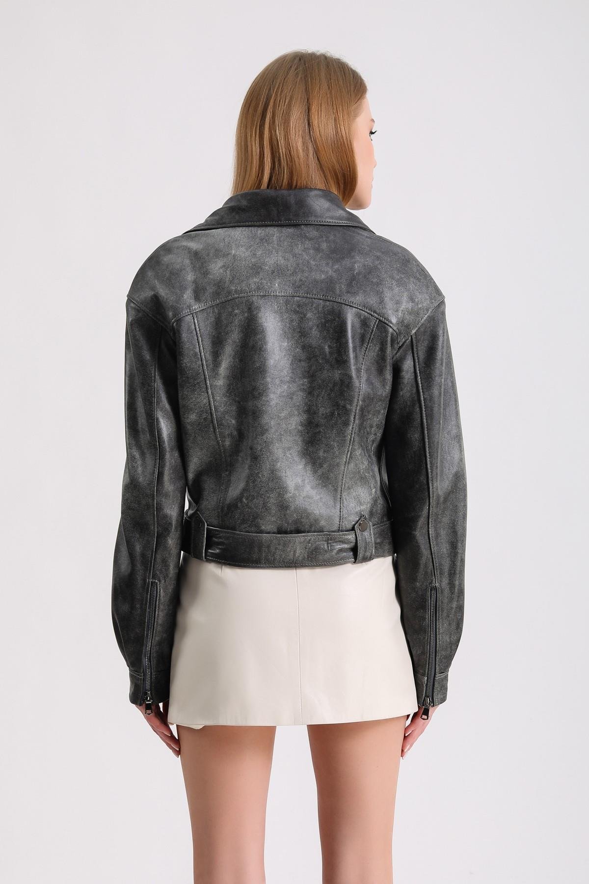Antrasit Gri Oversize Biker Deri CeketCeket