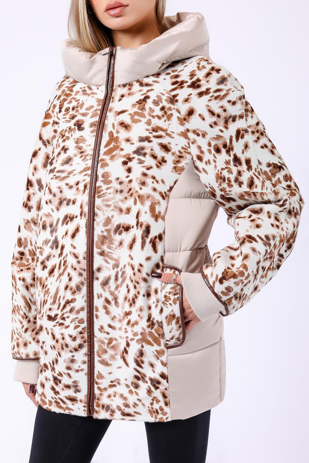 Bej Leopar Garnili Hakiki Deri Puffer KabanKaban