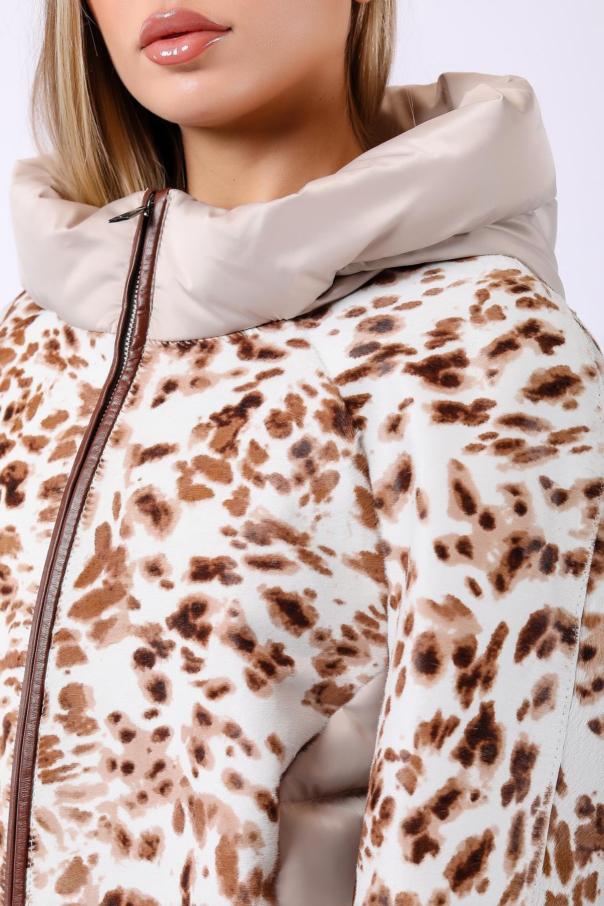 Bej Leopar Garnili Hakiki Deri Puffer KabanKaban