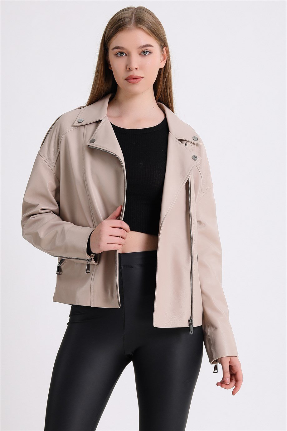Bej Oversize Deri CeketCeket