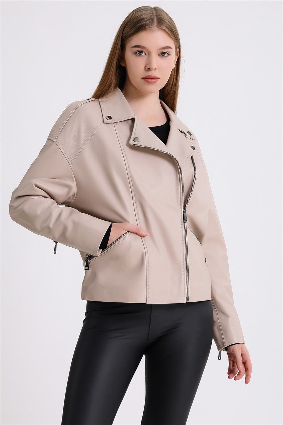 Bej Oversize Deri CeketCeket