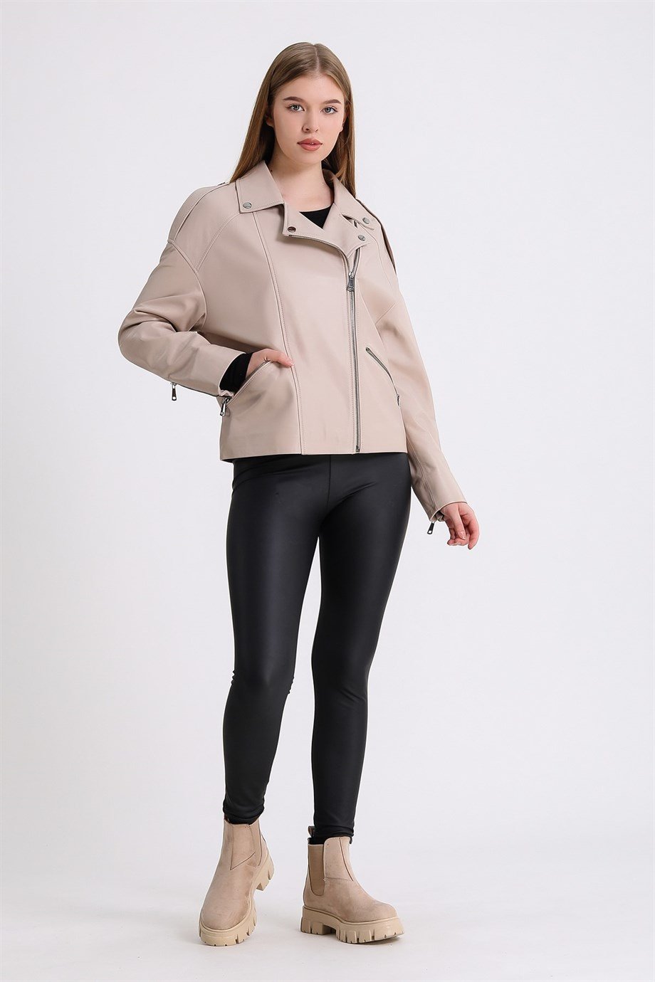 Bej Oversize Deri CeketCeket