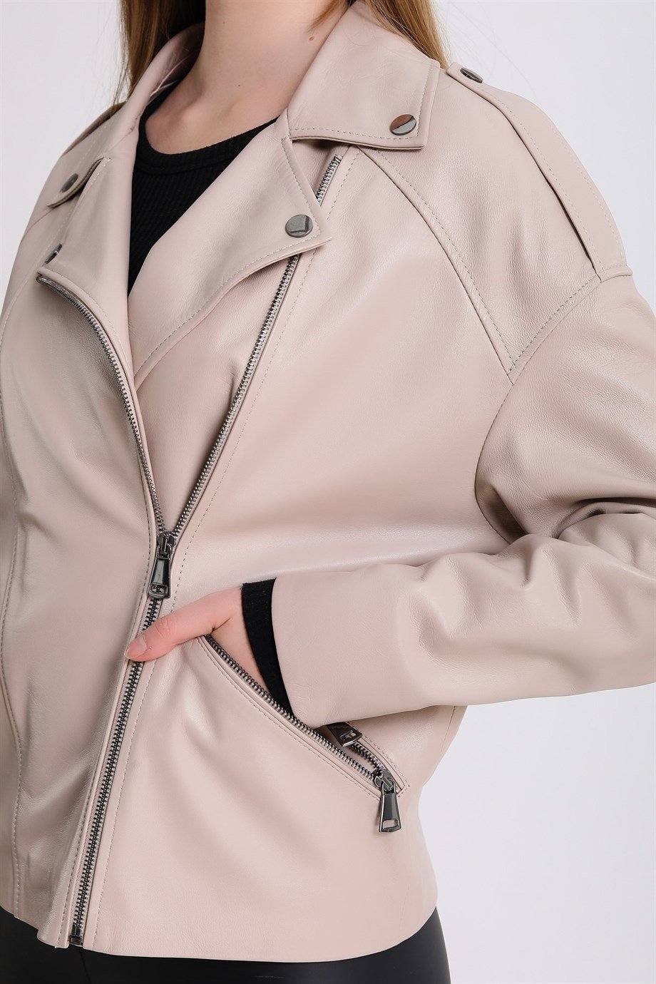 Bej Oversize Deri CeketCeket