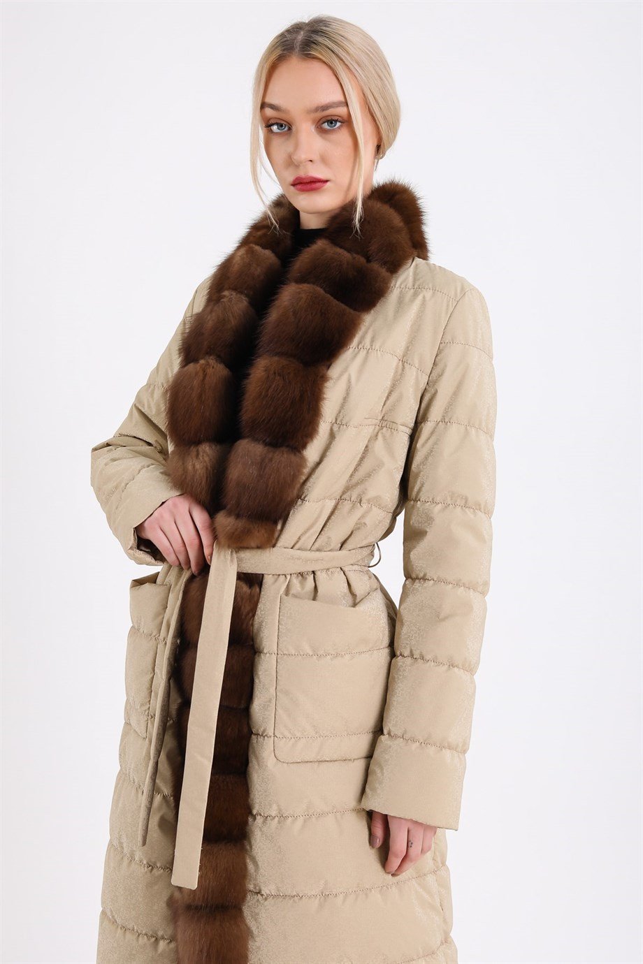 Bej Sable Kürk Aksesuarlı Puffer KabanKaban