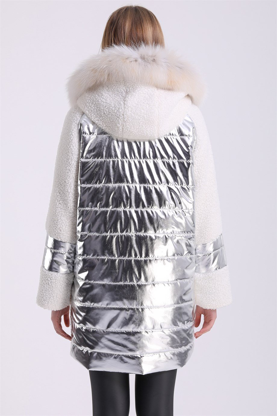 Beyaz Glam Tilki Aksesuarlı Puffer Kaban
