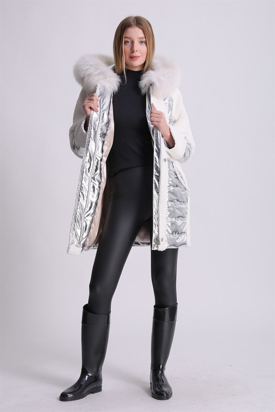 Beyaz Glam Tilki Aksesuarlı Puffer Kaban