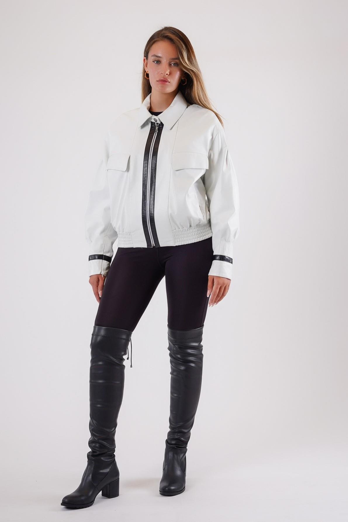 Beyaz Oversize Hakiki Deri Bomber CeketCeket