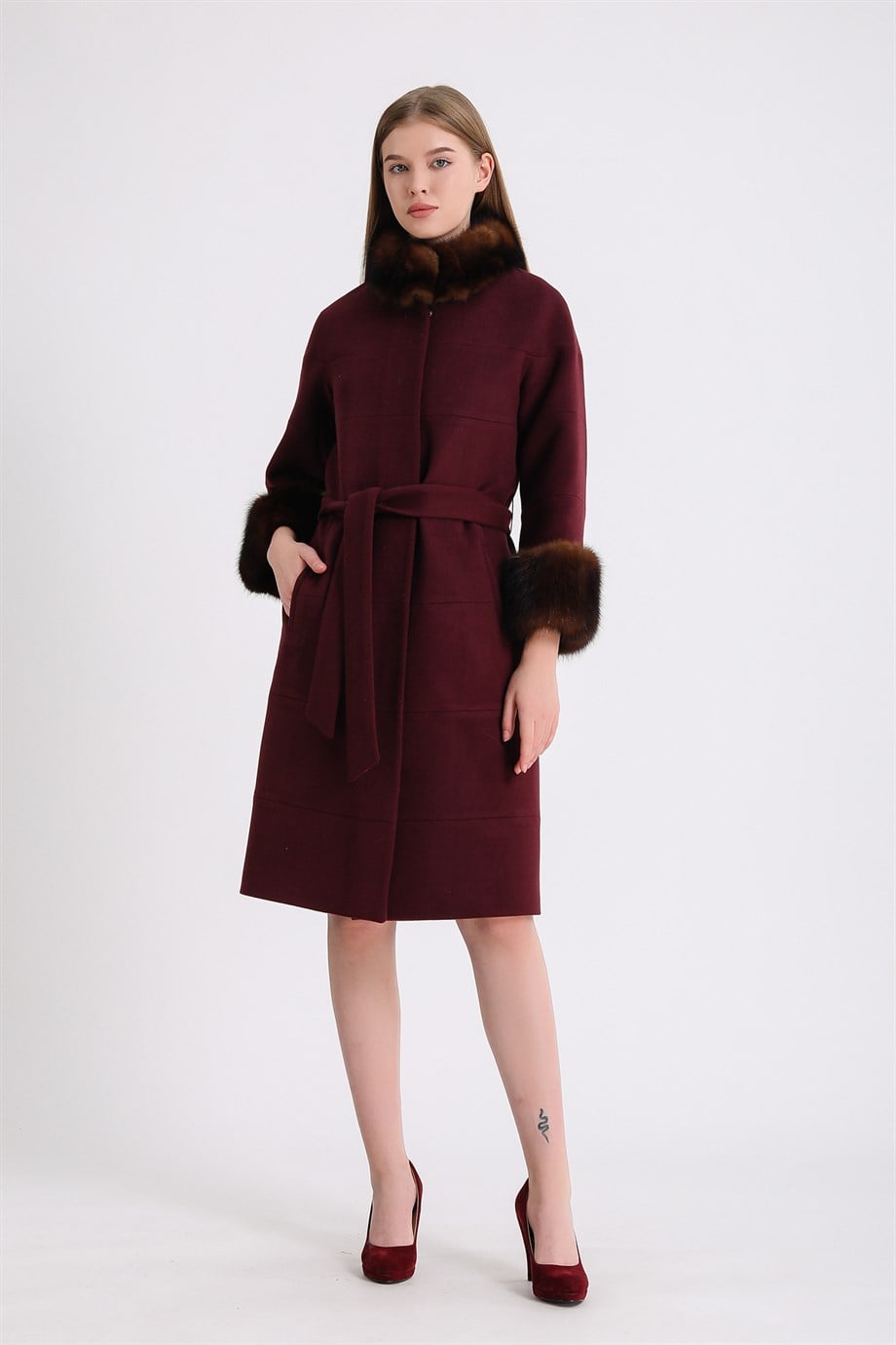 Bordo Sable Kürk Aksesuarlı Kaşmir KabanKaban