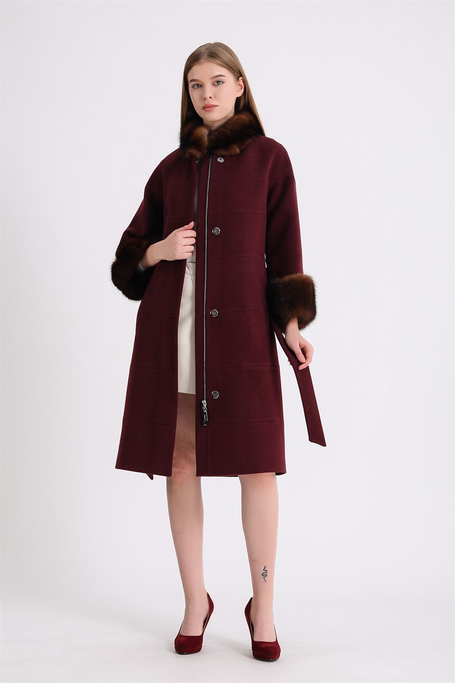 Bordo Sable Kürk Aksesuarlı Kaşmir KabanKaban