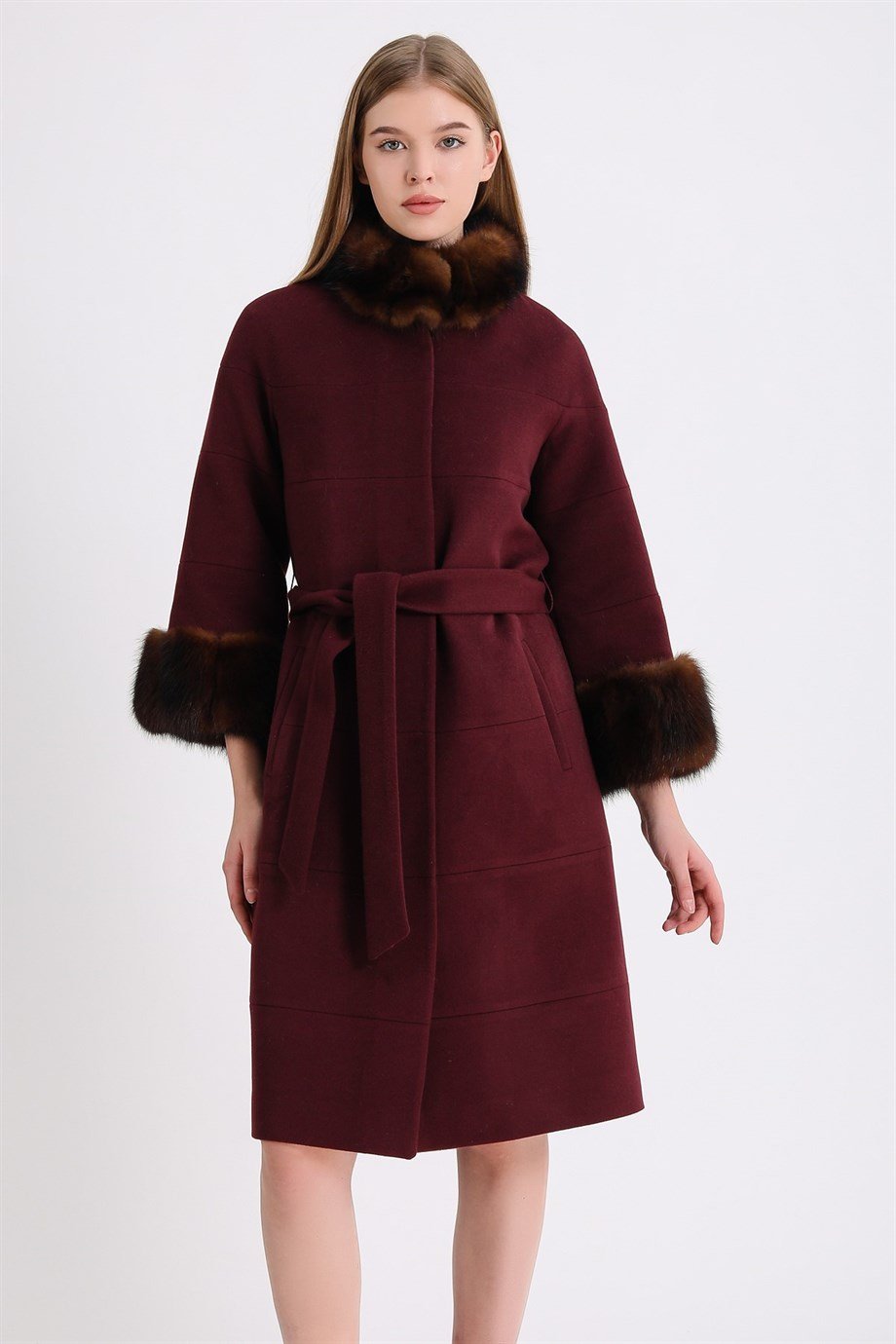 Bordo Sable Kürk Aksesuarlı Kaşmir KabanKaban