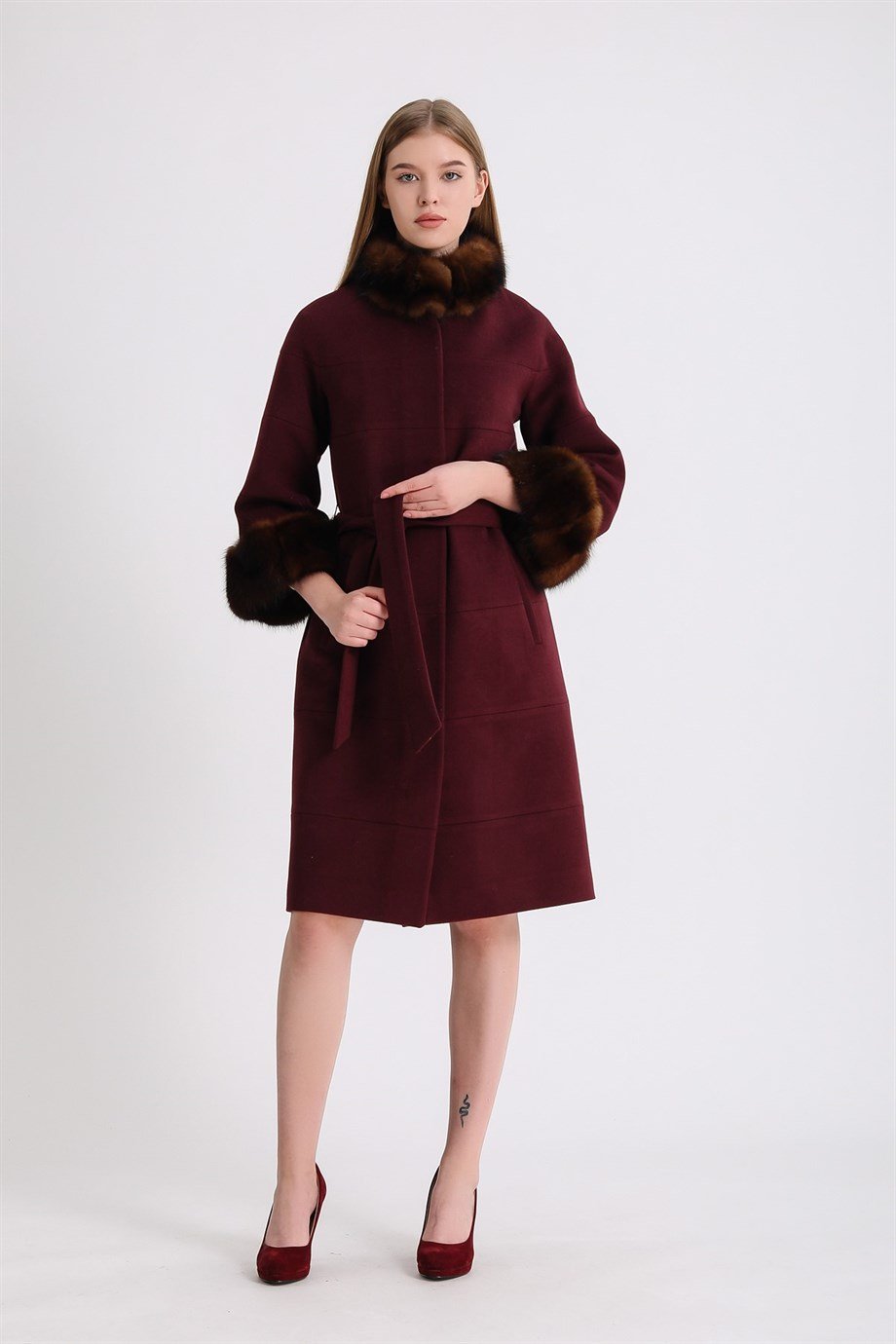 Bordo Sable Kürk Aksesuarlı Kaşmir KabanKaban