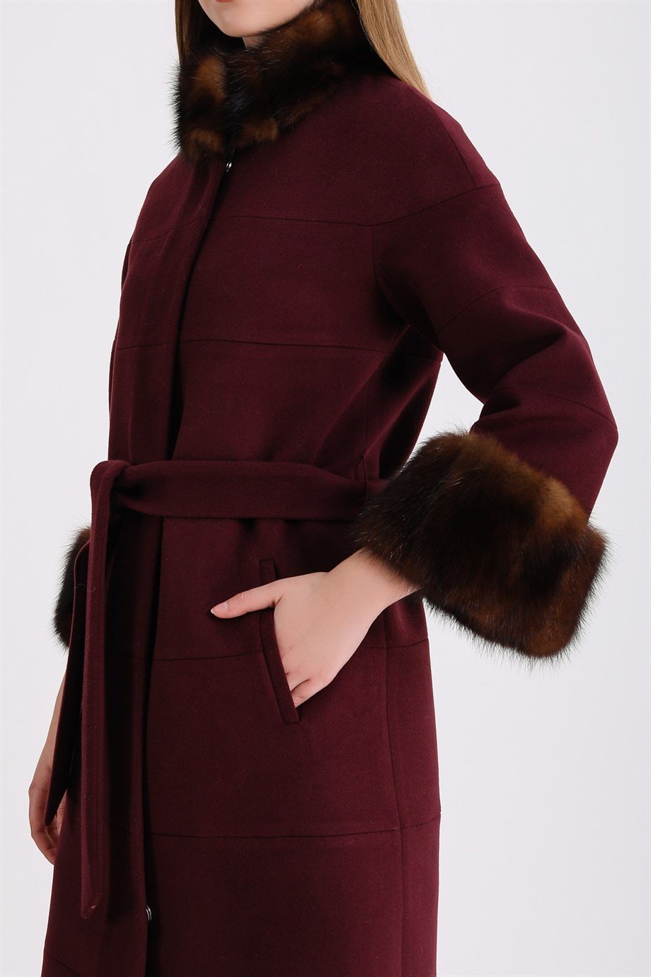 Bordo Sable Kürk Aksesuarlı Kaşmir KabanKaban