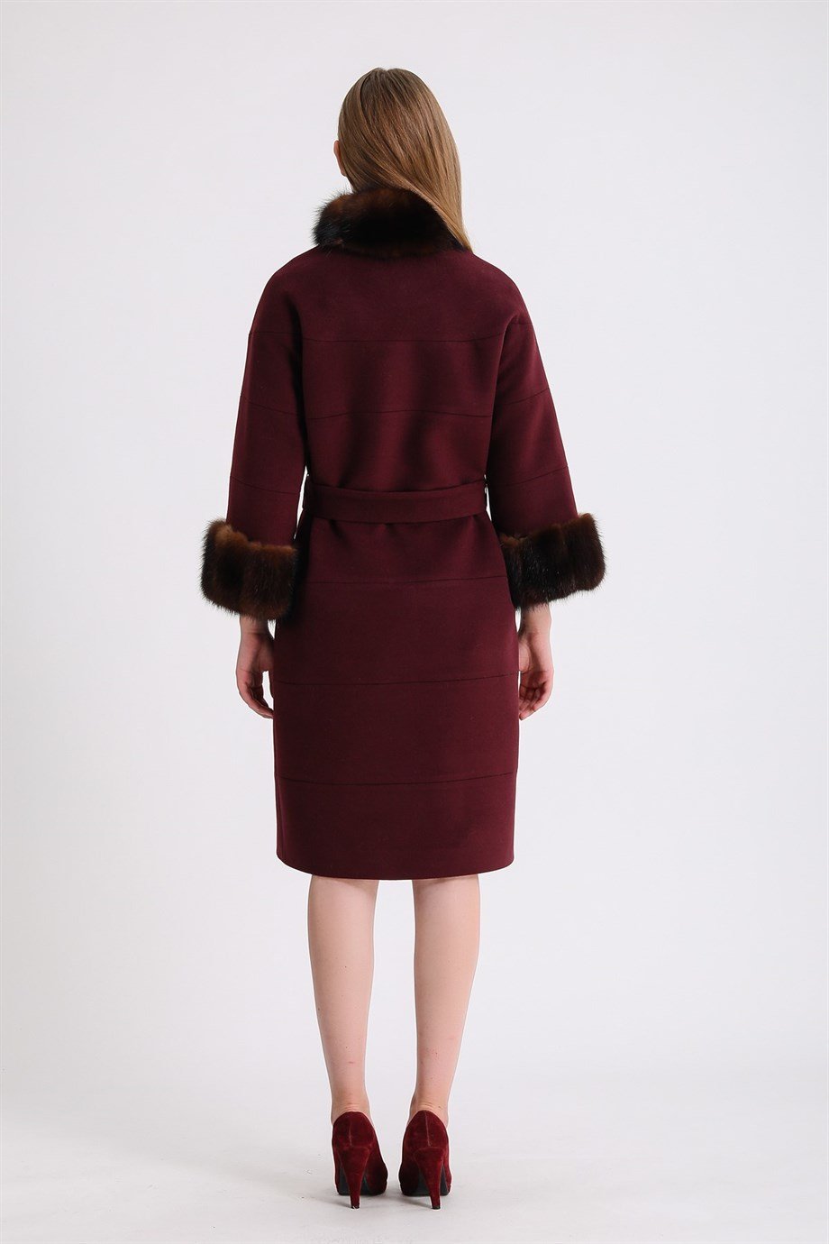 Bordo Sable Kürk Aksesuarlı Kaşmir KabanKaban