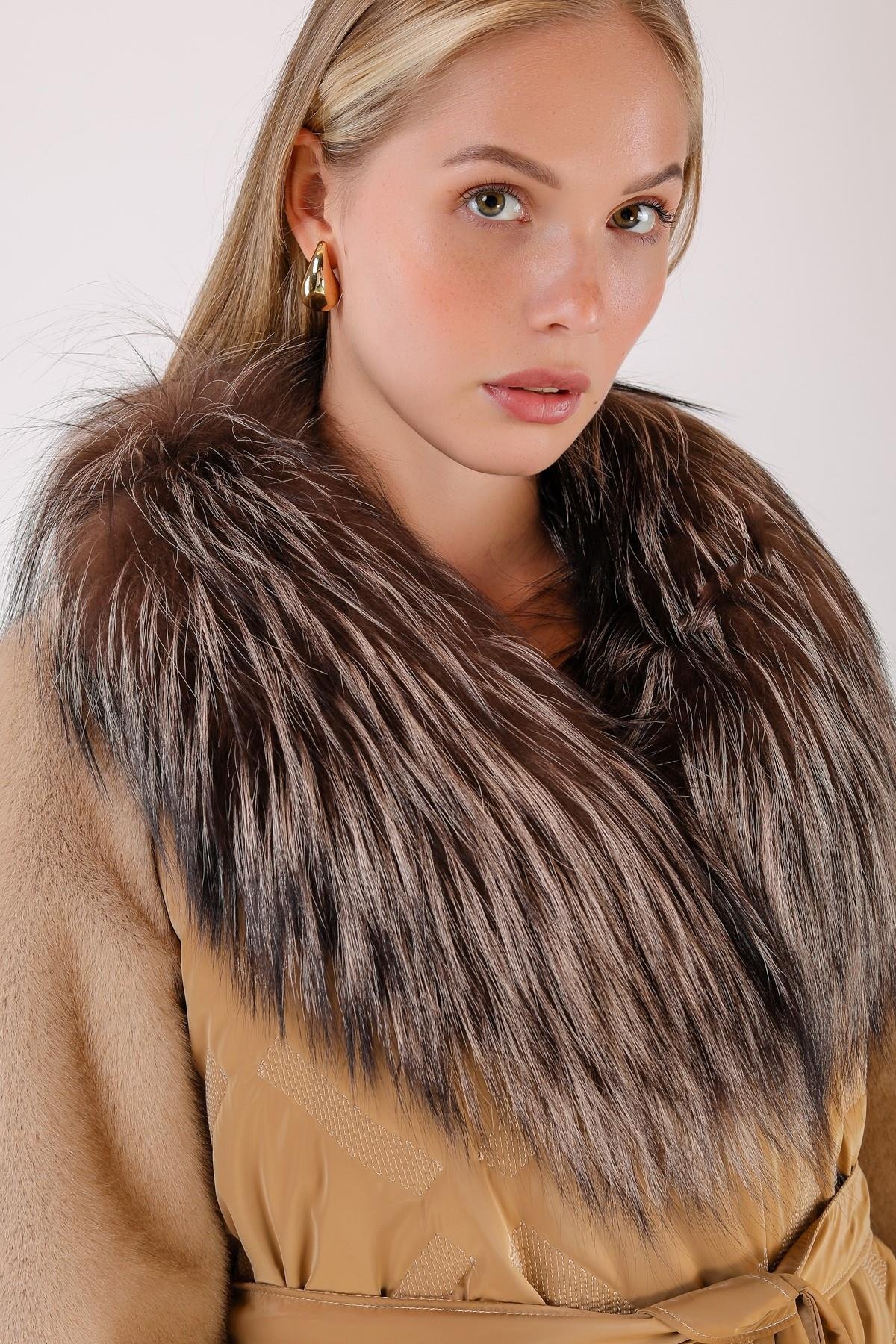 Camel Bej Fox Kürk Aksesuarlı Şişme Puffer KabanKaban