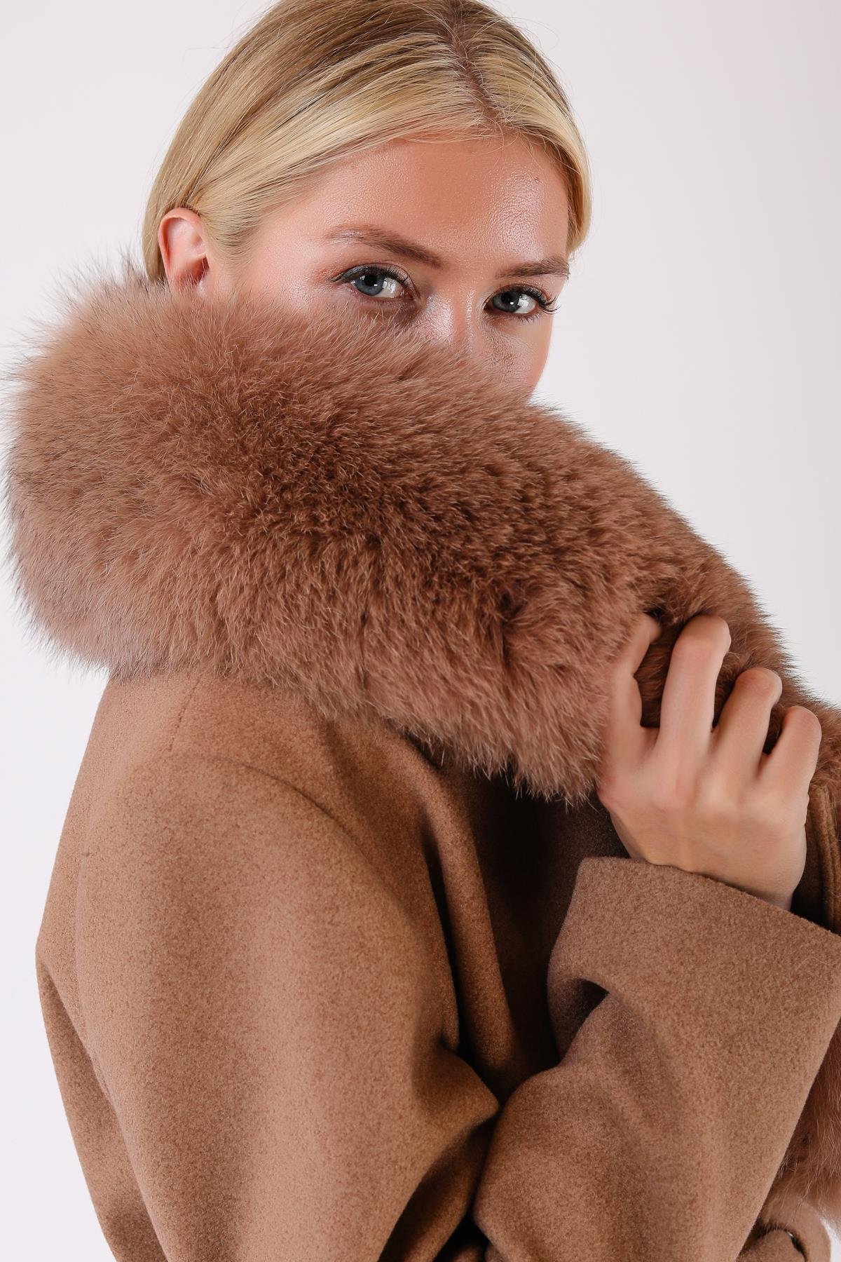 Camel Fox Kürk Aksesuarlı Kaşmir KabanKaban