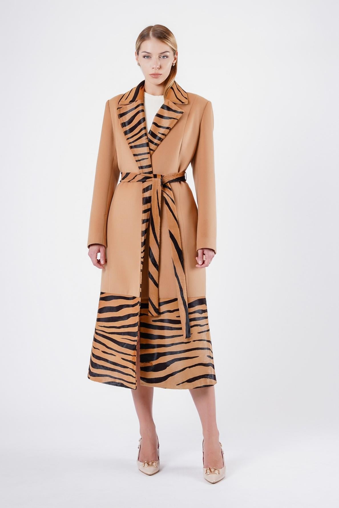 Camel Leopar Deri Desenli Hakiki Kaşmir KabanKaban