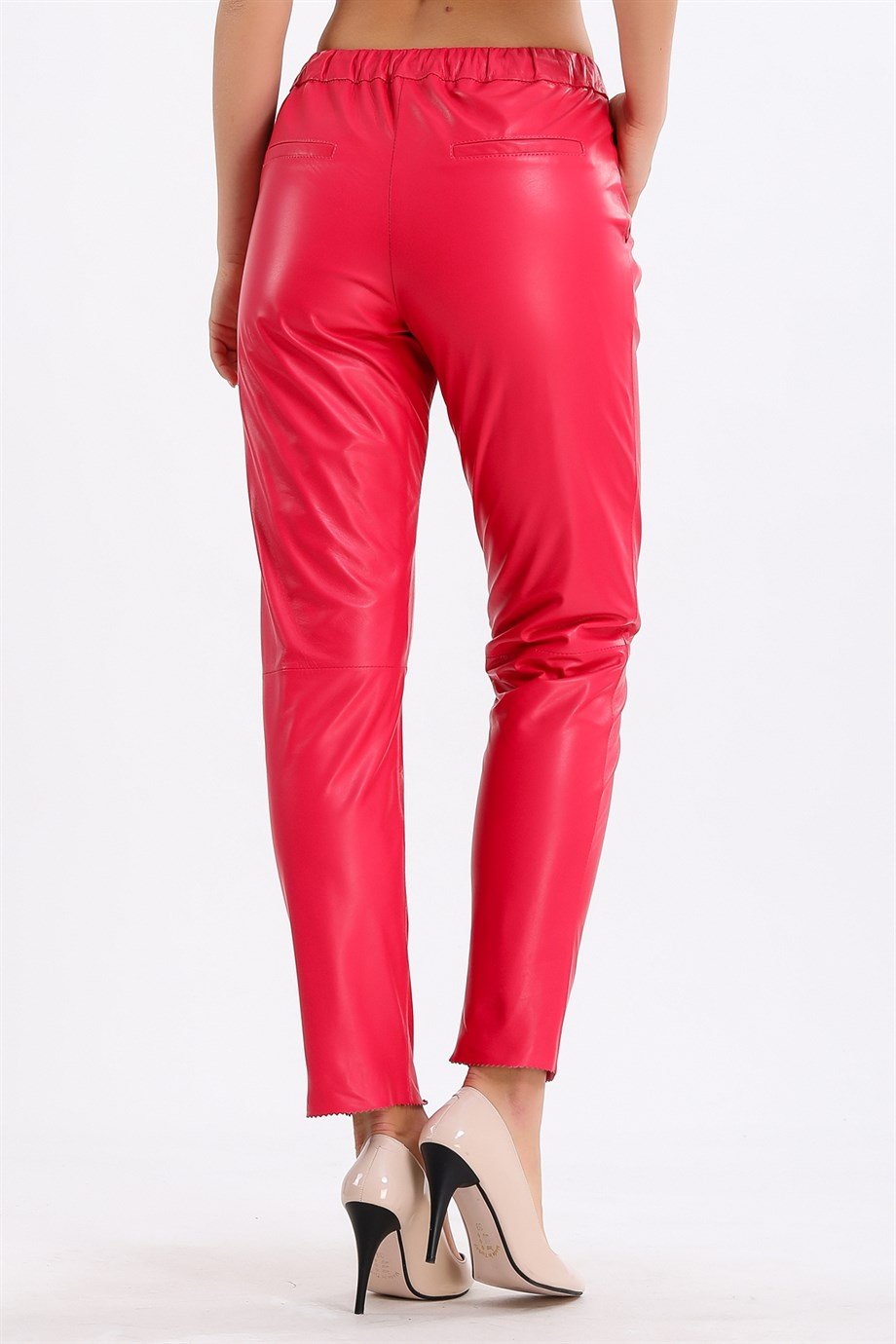 Fuşya Comfort Fit Deri PantolonPantolon