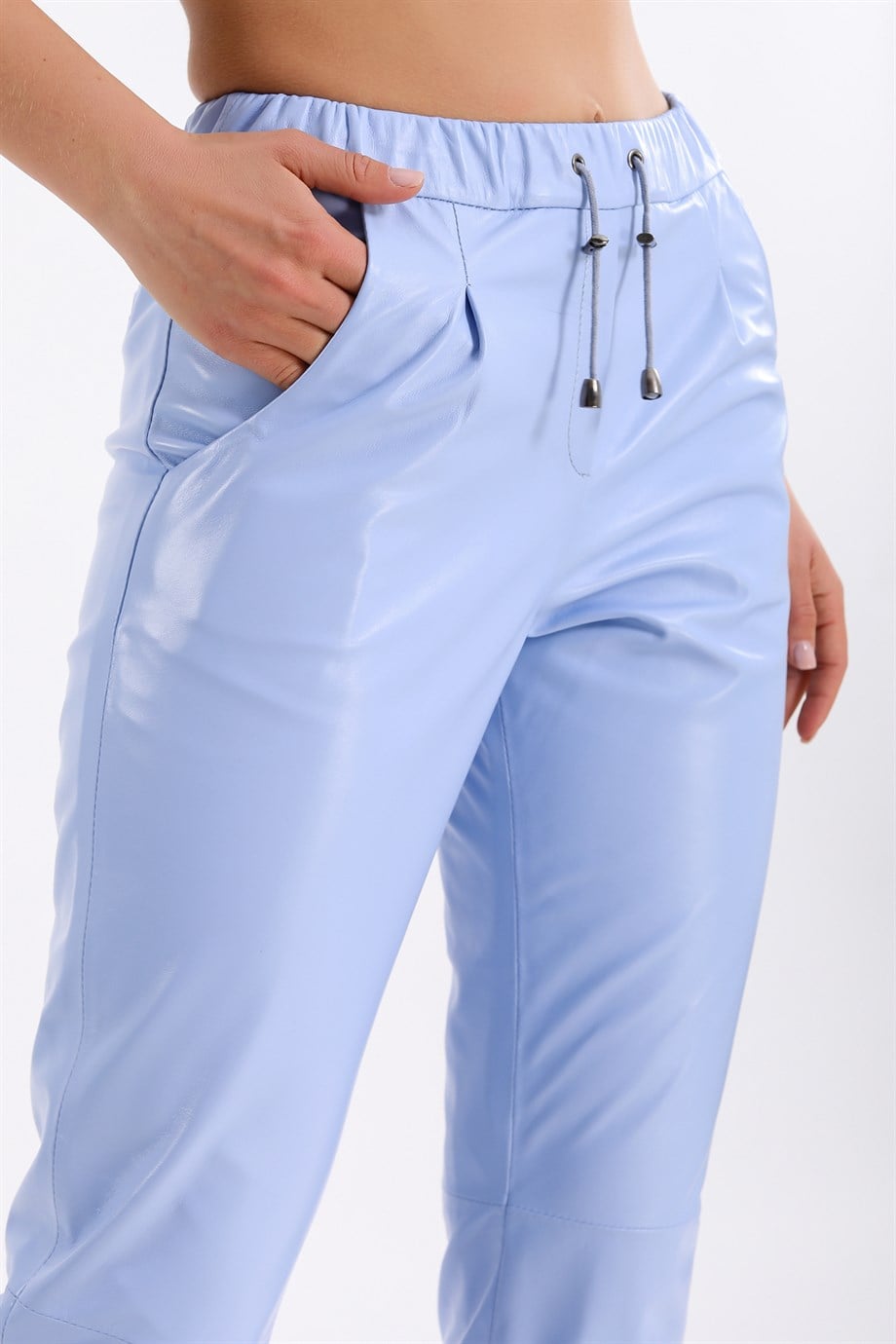 Gök Mavi Comfort Fit Deri PantolonPantolon