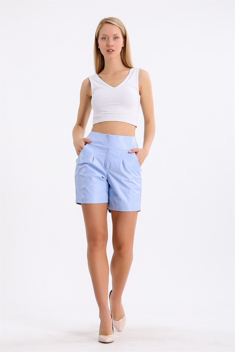 Gök Mavi Regular Fit Deri ŞortŞort