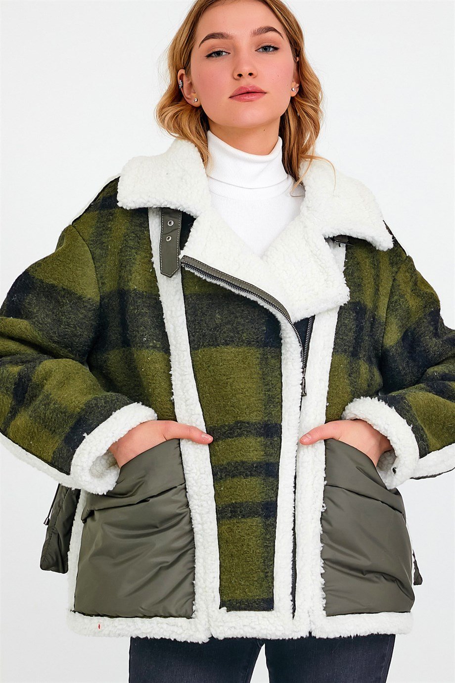 Haki Ekose Oversize Yün KabanKaban