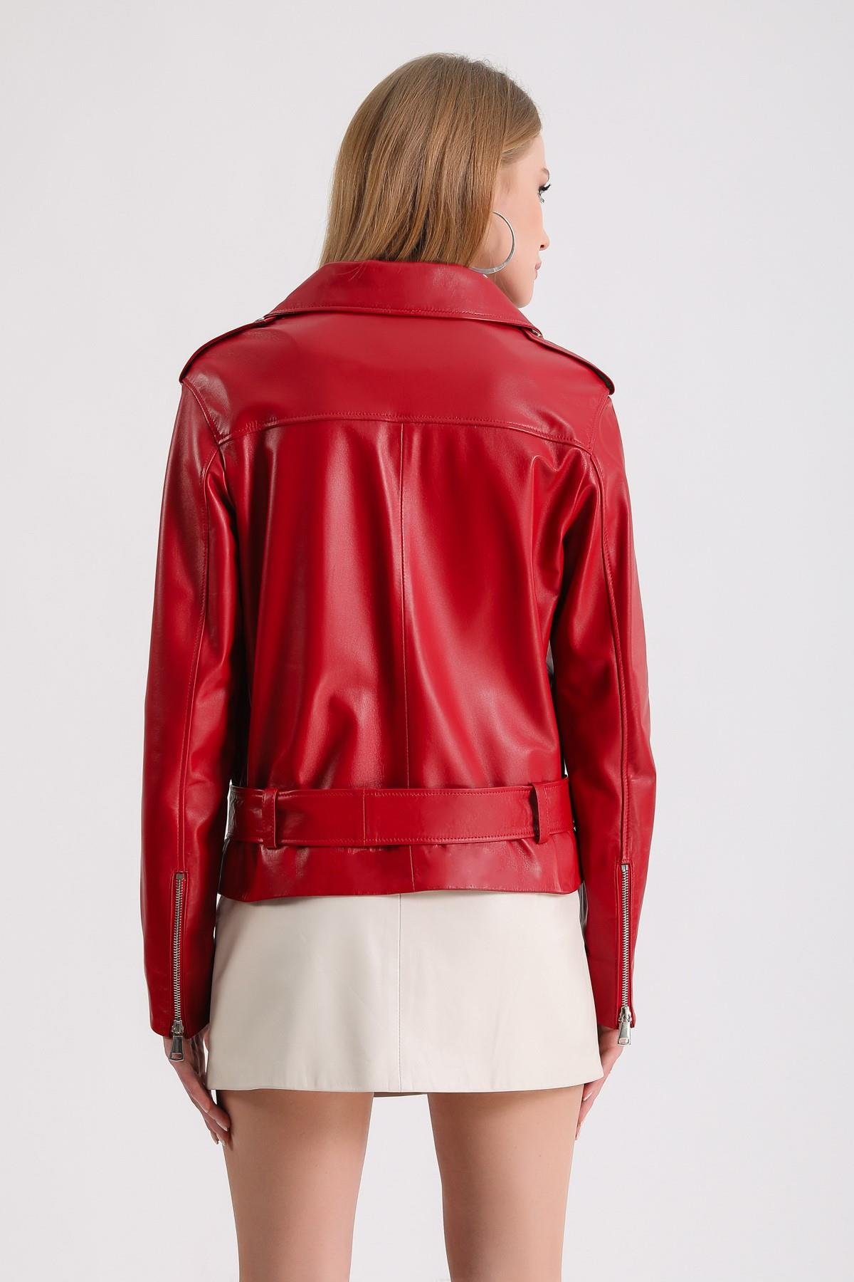 Kırmızı Oversize Biker Deri CeketCeket