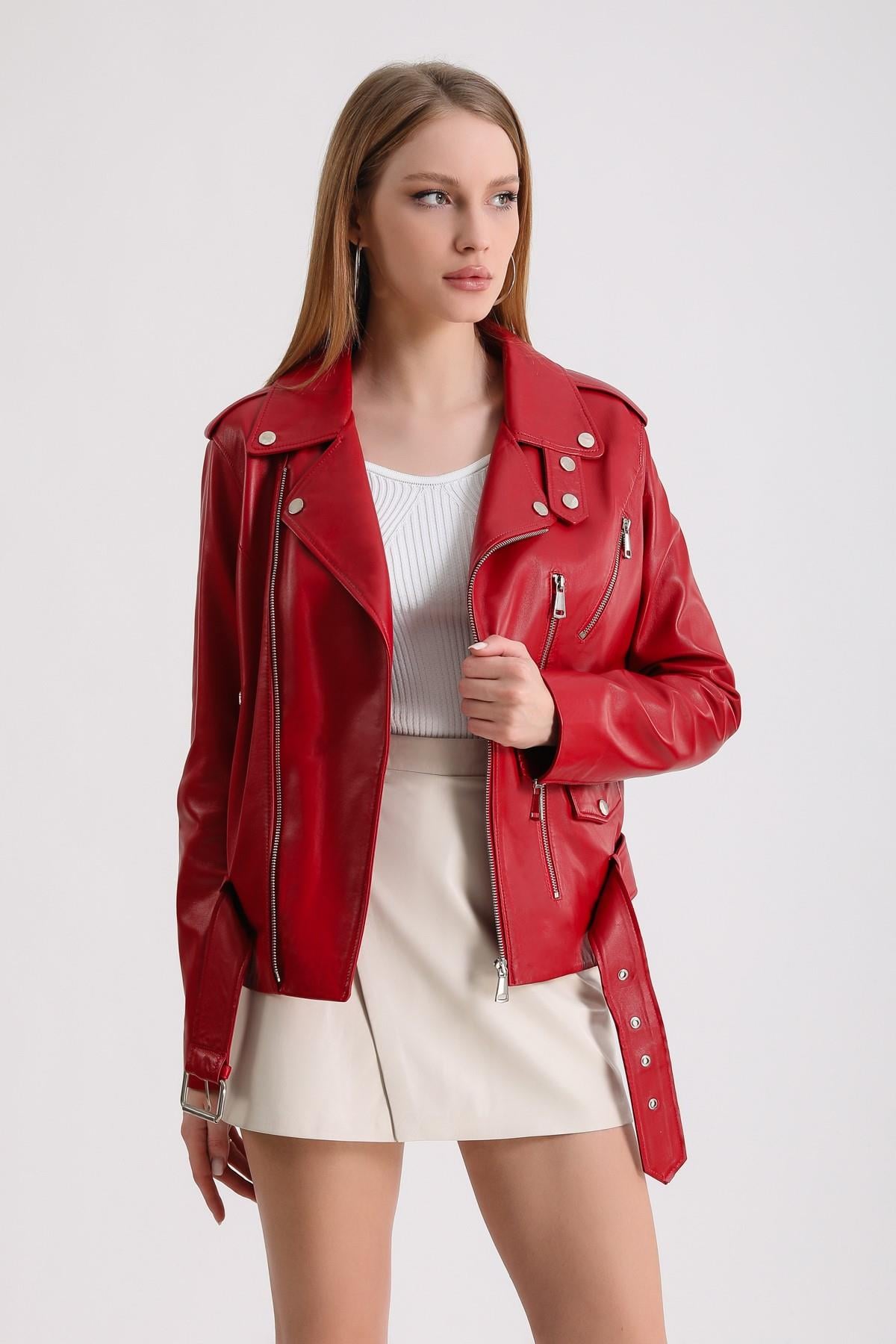 Kırmızı Oversize Biker Deri CeketCeket
