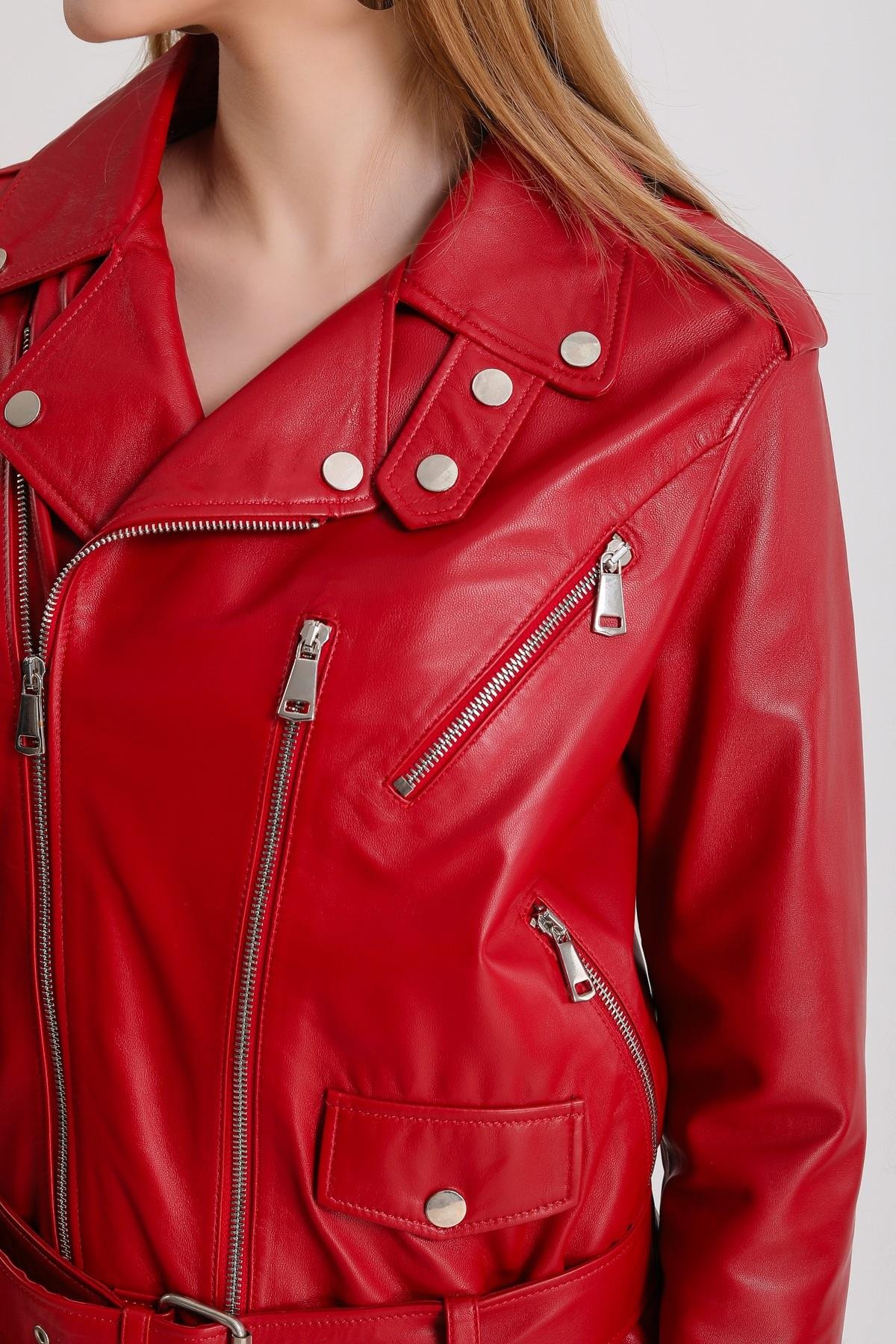 Kırmızı Oversize Biker Deri CeketCeket
