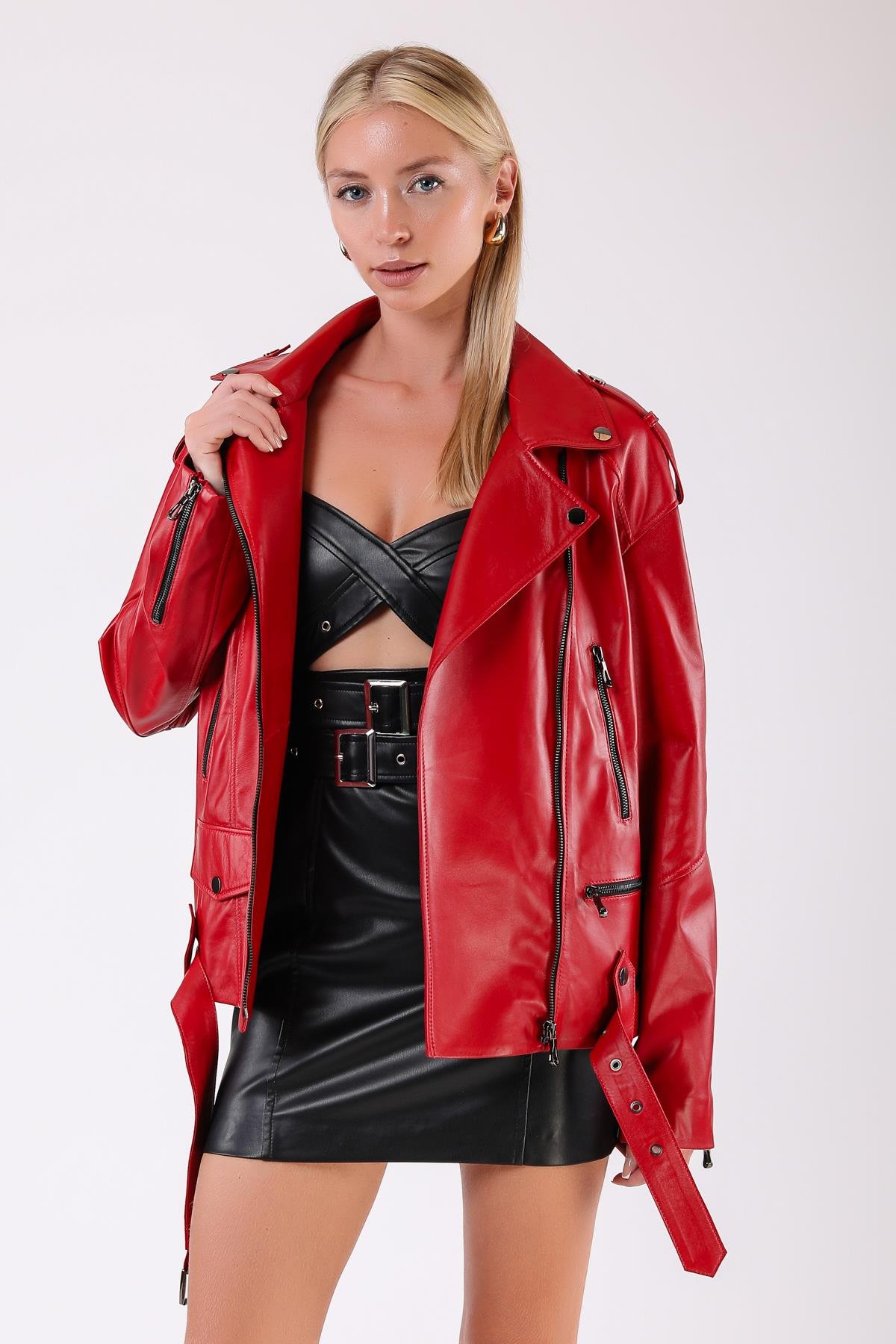 Kırmızı Oversize Biker Hakiki Deri CeketCeket